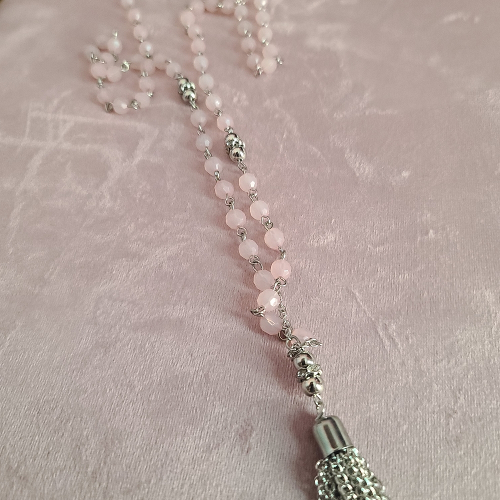 Delicate Pink Beaded Rosary-Style Necklace